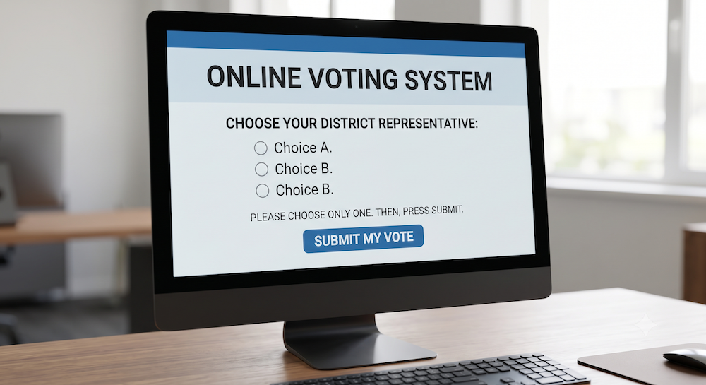 An all-in-one computer displaying an online voting system, with choices for district reps.