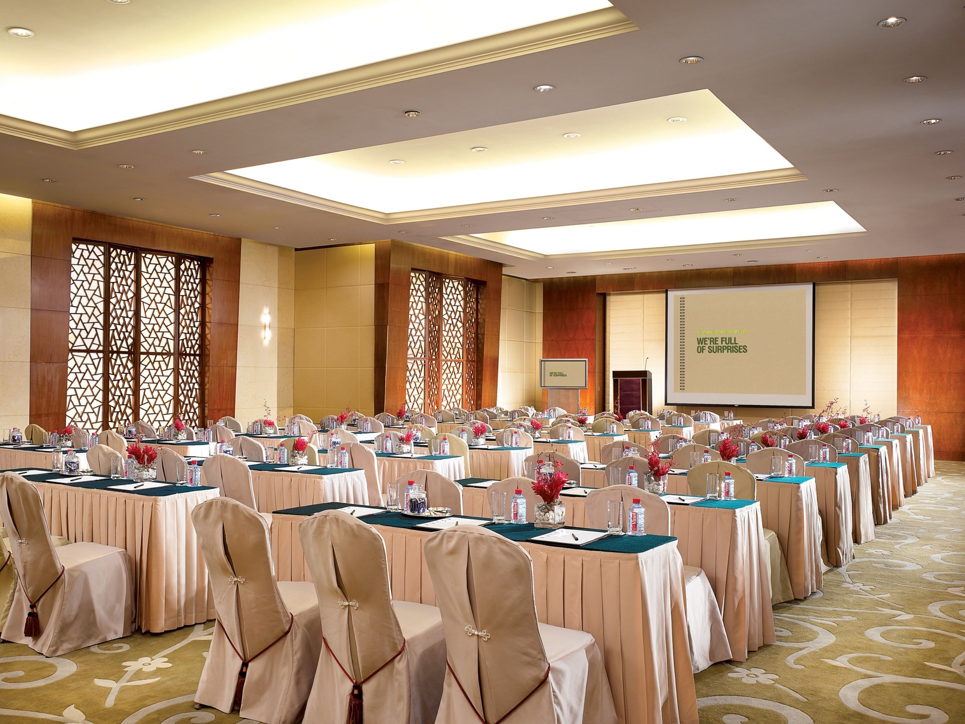 A meeting room with empty chairs.